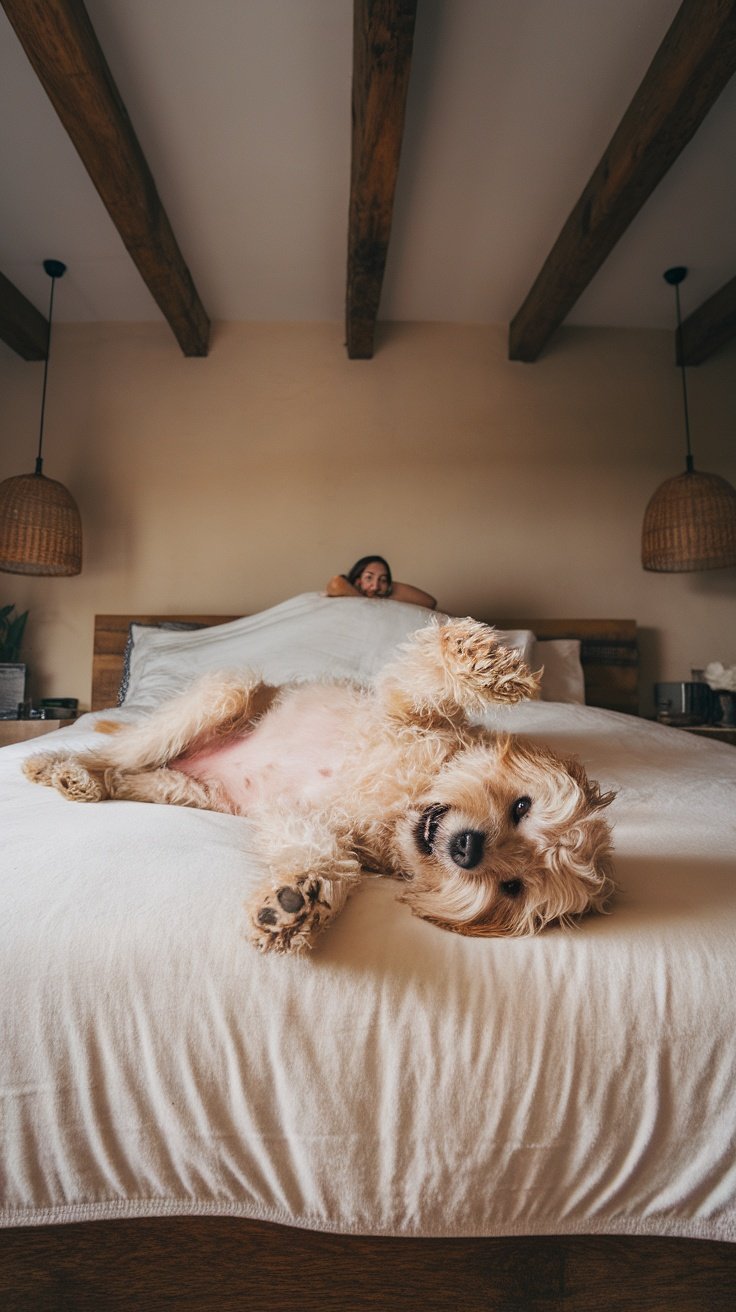 A mini Goldendoodle lying on a bed, taking up all the space with a playful expression.