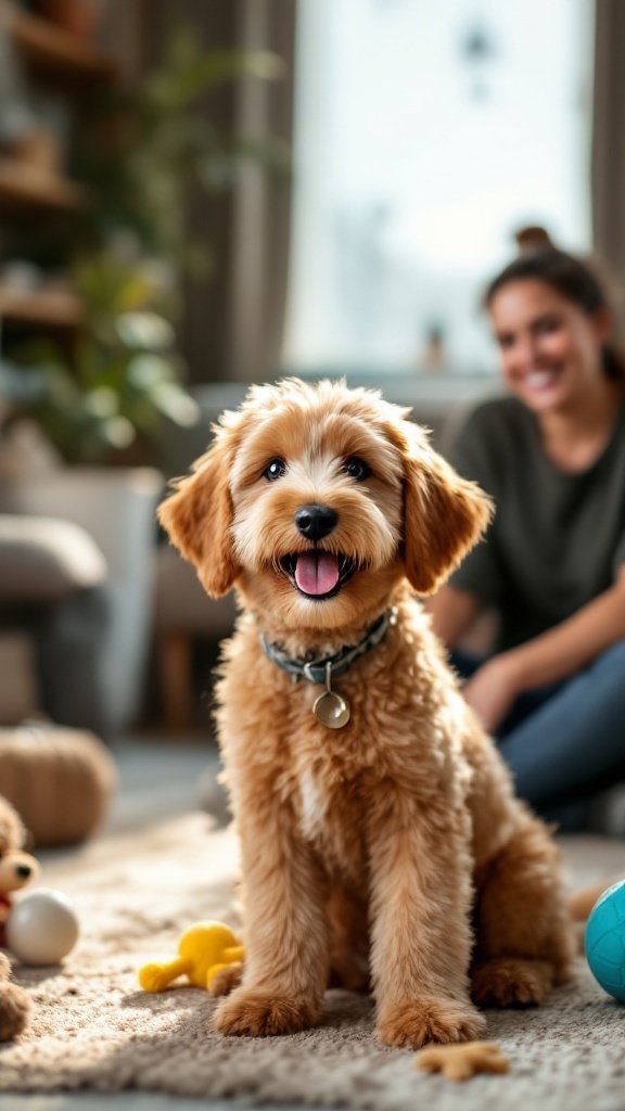 A happy mini Goldendoodle sitting in a cozy living room with toys around and a smiling person in the background.