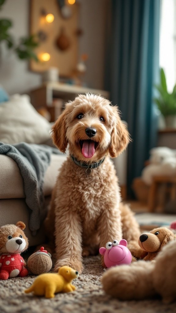 A happy Mini Goldendoodle sitting amidst colorful toys, showcasing its playful nature.