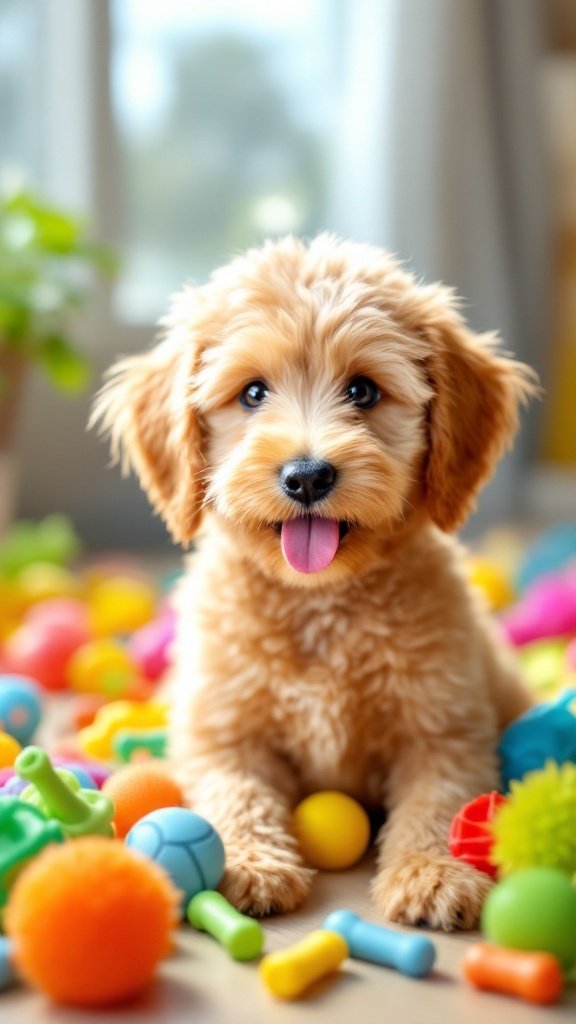A happy Mini Goldendoodle surrounded by colorful squeaky toys.