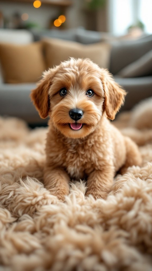 A cute Mini Goldendoodle puppy lying on a fluffy rug indoors