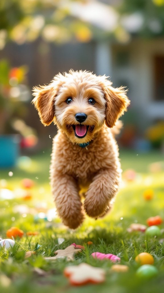 A happy mini Goldendoodle jumping in a yard filled with colorful toys.