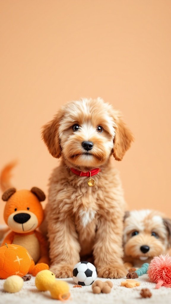 A mini Goldendoodle with a head tilt surrounded by toys.