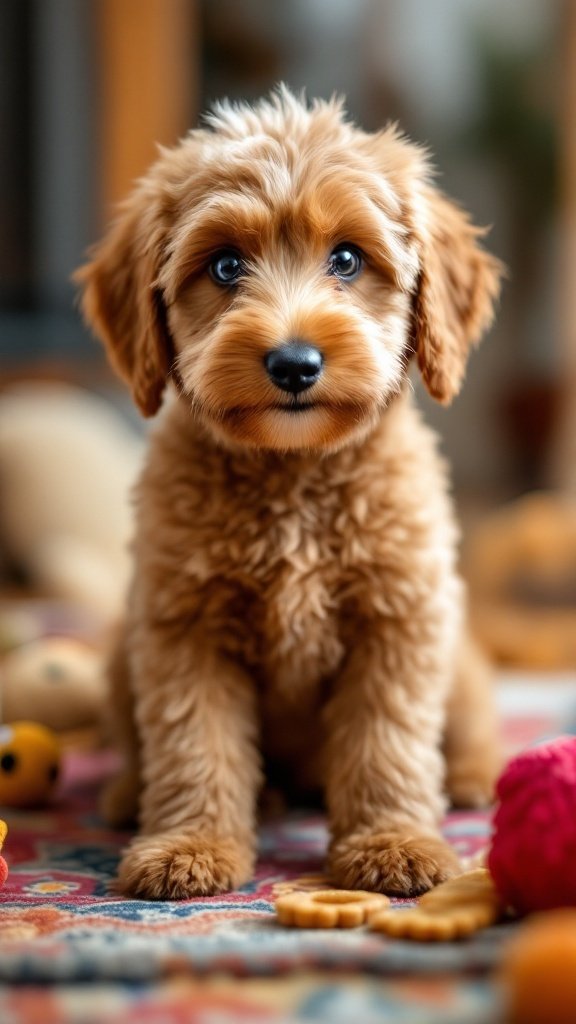 A cute Mini Goldendoodle staring with big eyes surrounded by toys.
