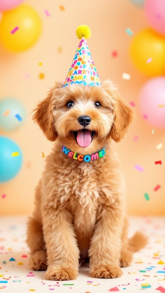 A Mini Goldendoodle wearing a party hat and 'WELCOME' necklace, surrounded by balloons and confetti.