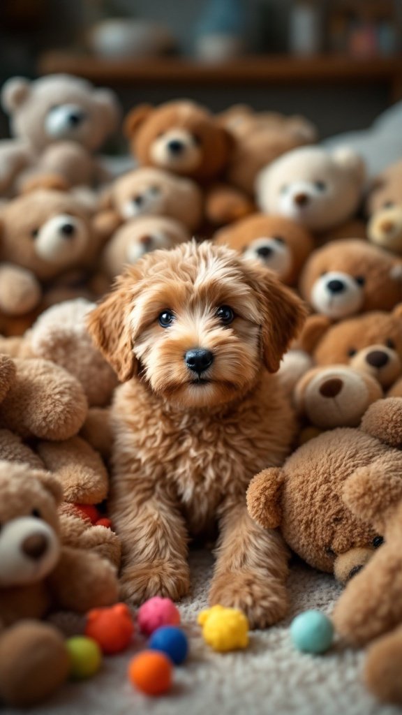 A mini Goldendoodle puppy sitting among various teddy bears and colorful balls.