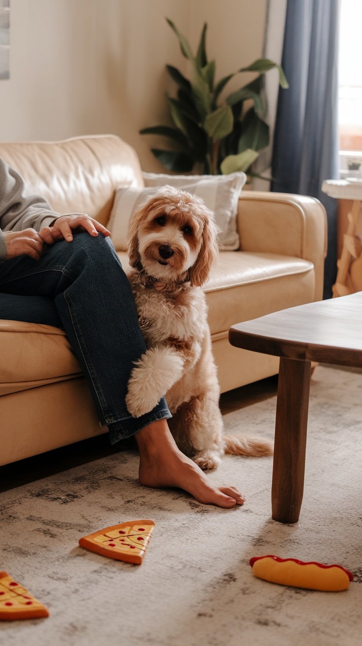 A Mini Goldendoodle puppy hugging its owner's leg while surrounded by toys.